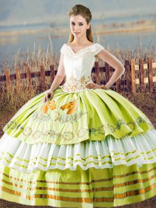 V-neck Sleeveless Vestidos de Quinceanera Floor Length Embroidery and Ruffled Layers Yellow Green Satin