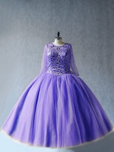 Excellent Lavender Lace Up Scoop Beading Sweet 16 Dresses Tulle Long Sleeves