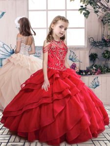 Hot Selling Red Organza Lace Up Halter Top Sleeveless Floor Length Kids Pageant Dress Beading and Ruffled Layers