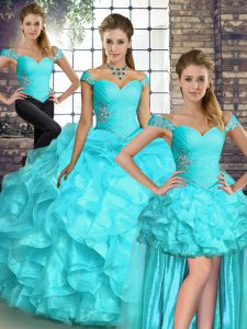 Decent Aqua Blue Organza Lace Up Off The Shoulder Sleeveless Floor Length Quince Ball Gowns Beading and Ruffles