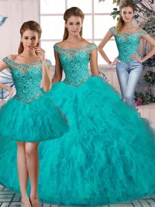 High Quality Aqua Blue Sleeveless Brush Train Beading and Ruffles Sweet 16 Dress