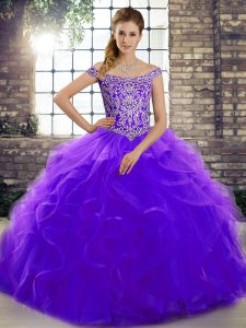 Sleeveless Beading and Ruffles Lace Up Sweet 16 Quinceanera Dress with Purple Brush Train