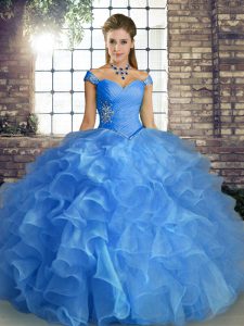 Blue Organza Lace Up Off The Shoulder Sleeveless Floor Length Quinceanera Gowns Beading and Ruffles