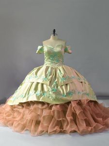 Sweet Multi-color Sleeveless Embroidery and Ruffles Lace Up Quince Ball Gowns