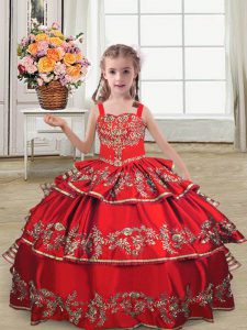 Red Sleeveless Floor Length Embroidery and Ruffled Layers Lace Up Kids Pageant Dress