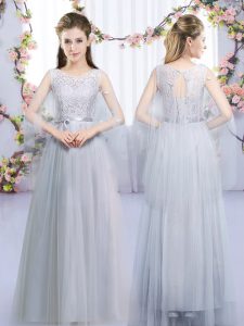 Grey Lace Up Court Dresses for Sweet 16 Lace and Belt Sleeveless Floor Length