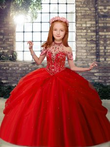 Gorgeous Red Lace Up Little Girls Pageant Gowns Beading Sleeveless Floor Length