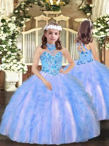 On Sale Sleeveless Lace Up Floor Length Appliques and Ruffles Little Girls Pageant Gowns