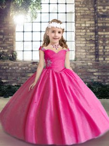 Hot Selling Floor Length Hot Pink Kids Formal Wear Straps Sleeveless Lace Up