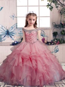 Off The Shoulder Sleeveless Little Girl Pageant Dress Floor Length Beading and Ruffles Pink Organza