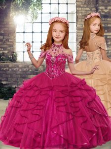 Sleeveless Tulle Child Pageant Dress Beading and Ruffles Lace Up