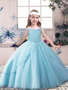 Affordable Floor Length Lace Up Girls Pageant Dresses Blue for Party and Sweet 16 and Wedding Party with Beading