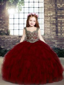 Red Straps Neckline Beading and Ruffles Kids Formal Wear Sleeveless Lace Up