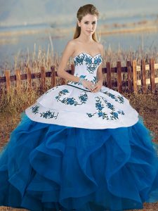 Hot Selling Blue And White Lace Up Quinceanera Gowns Embroidery and Ruffles and Bowknot Sleeveless Floor Length