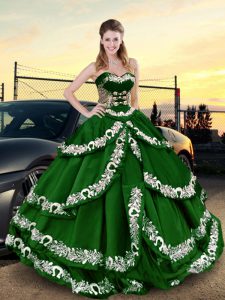 Great Dark Green Ball Gowns Appliques and Ruffled Layers 15 Quinceanera Dress Lace Up Satin Sleeveless Floor Length