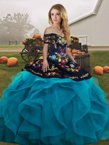 Off The Shoulder Sleeveless Lace Up 15 Quinceanera Dress Teal Tulle