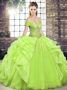 Decent Off The Shoulder Sleeveless Lace Up Quinceanera Dress Yellow Green Organza