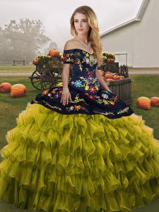 Organza Off The Shoulder Sleeveless Lace Up Embroidery and Ruffled Layers Quinceanera Gowns in Olive Green