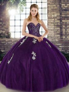 Floor Length Purple Sweet 16 Dresses Tulle Sleeveless Beading and Appliques