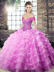 Pretty Sleeveless Beading and Ruffled Layers Lace Up Quince Ball Gowns with Lilac Brush Train