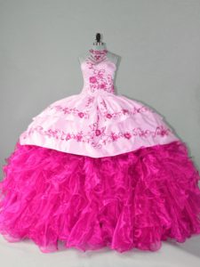 Hot Pink Quinceanera Gowns Sweet 16 and Quinceanera with Embroidery and Ruffles Halter Top Sleeveless Court Train Lace Up