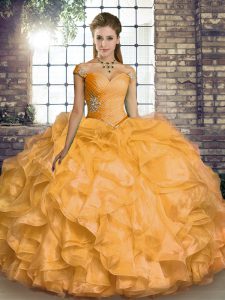 Trendy Gold Lace Up Off The Shoulder Beading and Ruffles Vestidos de Quinceanera Organza Sleeveless