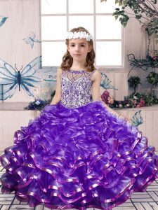 High Quality Lavender Lace Up Little Girls Pageant Dress Wholesale Beading and Ruffles Sleeveless Floor Length