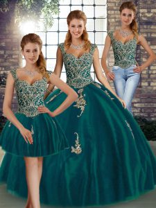 Straps Sleeveless Sweet 16 Dresses Floor Length Beading and Appliques Peacock Green Tulle