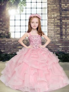 Sleeveless Tulle Floor Length Lace Up Pageant Gowns For Girls in Pink with Beading and Ruffles