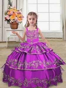 High Quality Floor Length Purple Child Pageant Dress Straps Sleeveless Lace Up