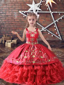 Attractive Red Satin and Organza Lace Up Kids Formal Wear Sleeveless Floor Length Embroidery and Ruffled Layers