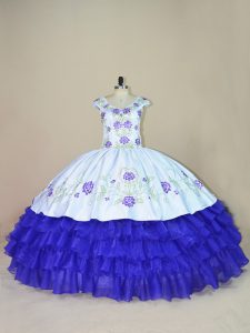 Dynamic Floor Length Lace Up Quinceanera Gowns White And Purple for Sweet 16 and Quinceanera with Embroidery and Ruffled Layers