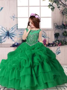 Green Sleeveless Floor Length Beading and Pick Ups Zipper Little Girls Pageant Dress Wholesale