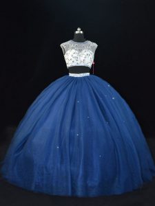 Dazzling Scoop Sleeveless Sweet 16 Dresses Floor Length Beading Navy Blue Tulle