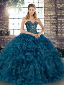 Teal Sweetheart Neckline Beading and Ruffles Sweet 16 Quinceanera Dress Sleeveless Lace Up