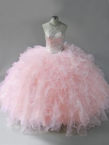 Nice Halter Top Sleeveless 15th Birthday Dress Floor Length Beading and Ruffles Pink Tulle