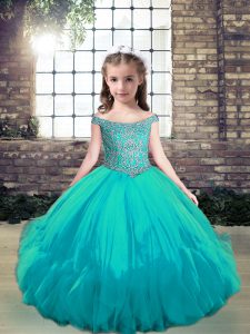 Aqua Blue Lace Up Pageant Dress for Girls Beading Sleeveless Floor Length