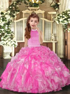 High-neck Sleeveless Little Girl Pageant Gowns Floor Length Beading and Ruffles Rose Pink Organza