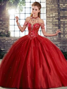 Simple Wine Red Vestidos de Quinceanera Military Ball and Sweet 16 and Quinceanera with Beading Halter Top Sleeveless Brush Train Lace Up