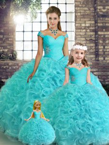 Extravagant Aqua Blue Ball Gowns Beading Quinceanera Gowns Lace Up Fabric With Rolling Flowers Sleeveless Floor Length