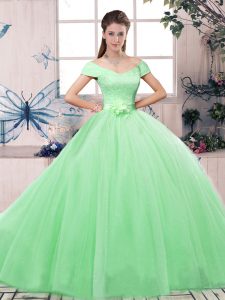 Fancy Apple Green Lace Up Off The Shoulder Lace and Hand Made Flower Quinceanera Gown Tulle Short Sleeves