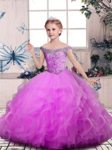 Elegant Floor Length Lace Up Girls Pageant Dresses Lilac for Party and Sweet 16 and Wedding Party with Beading and Ruffles