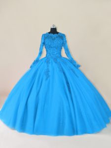 Traditional Scalloped Long Sleeves 15th Birthday Dress Floor Length Lace and Appliques Blue Tulle