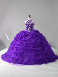 Fancy Purple Sweet 16 Quinceanera Dress Organza Court Train Sleeveless Beading and Pick Ups