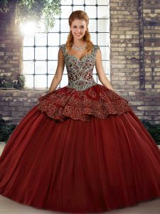 Tulle Straps Sleeveless Lace Up Beading and Appliques Ball Gown Prom Dress in Wine Red