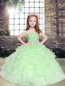 Custom Design Tulle Straps Sleeveless Lace Up Beading and Ruffles Little Girl Pageant Dress in Apple Green