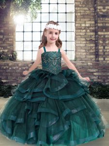 Sleeveless Tulle Floor Length Lace Up Little Girl Pageant Gowns in Peacock Green with Beading and Ruffles