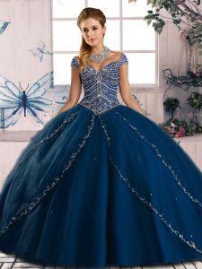 Artistic Brush Train Ball Gowns Sweet 16 Quinceanera Dress Blue Sweetheart Tulle Cap Sleeves Lace Up