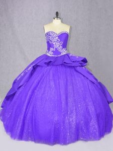 Sleeveless Embroidery Lace Up Quinceanera Gowns with Blue Court Train