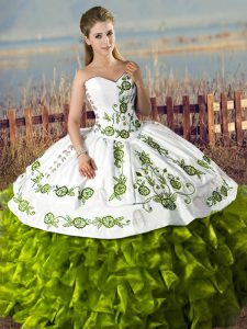 Free and Easy Olive Green Satin and Organza Lace Up 15th Birthday Dress Sleeveless Floor Length Embroidery and Ruffles